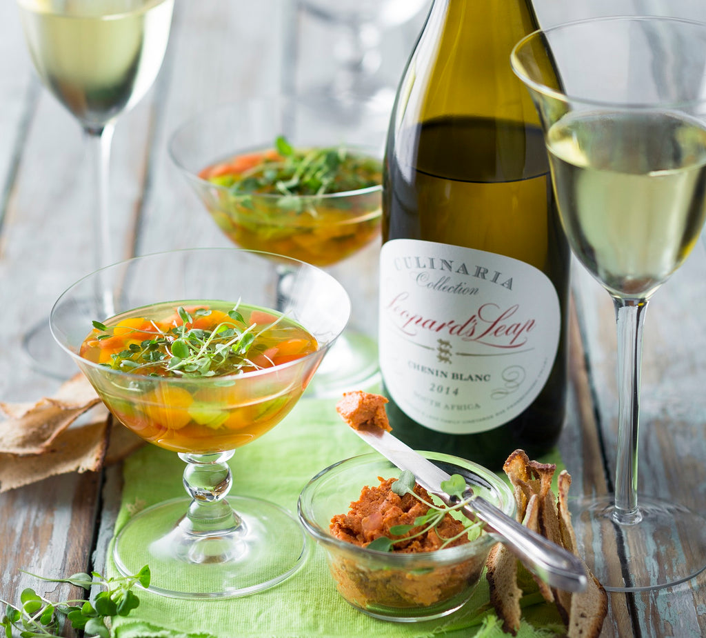 Tomato consommé with sundried tomato and feta pâté Leopards Leap